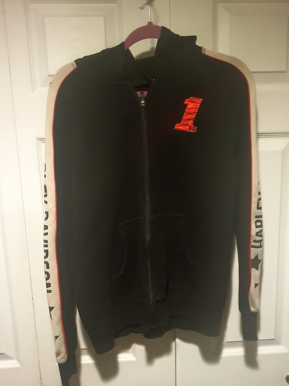 Harley-Davidson Black Zip Hoodie with White Sleeve Panels & Orange Accent